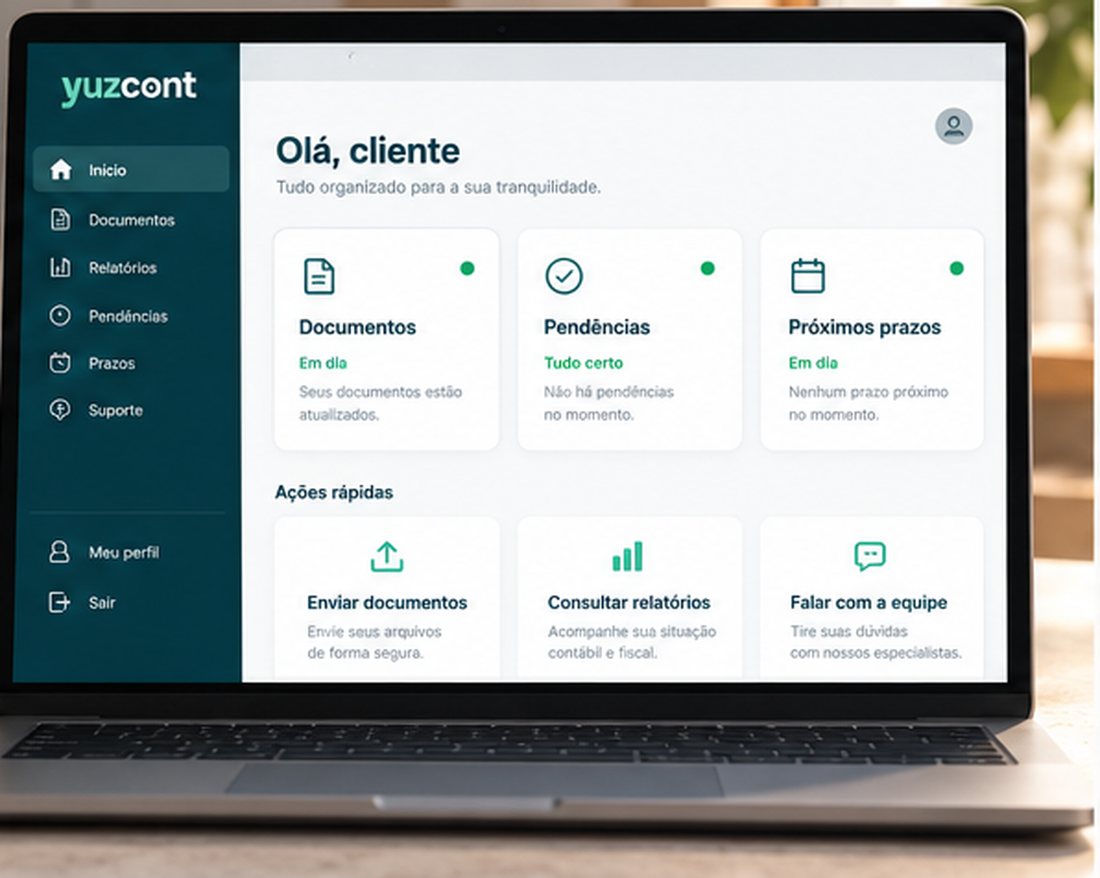 Portal do cliente Yuzcont com documentos, pendências e prazos em dia