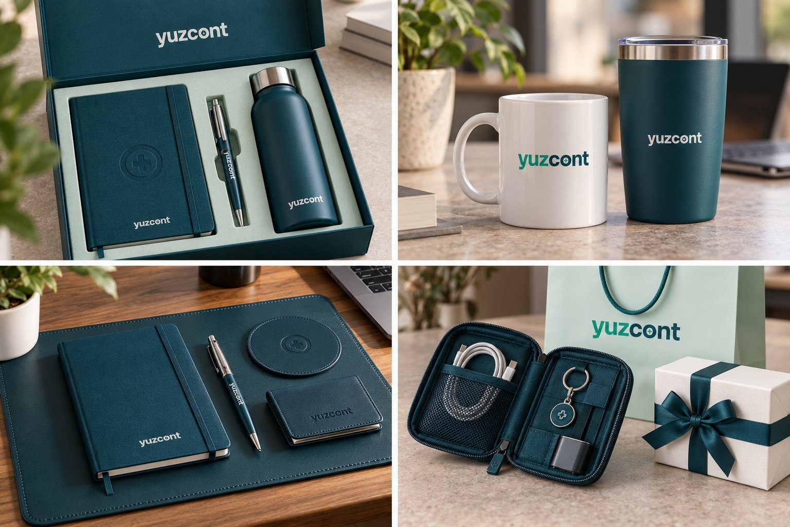 Kit de boas-vindas Yuzcont com caderno, caneta, garrafa e caneca